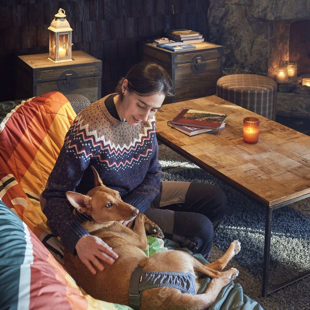Person mit Hund auf dem Schoß trägt Hygienehöschen Breezy ECO, sitzt in gemütlichem Raum mit Kamin, Kerze und Winterpullover.