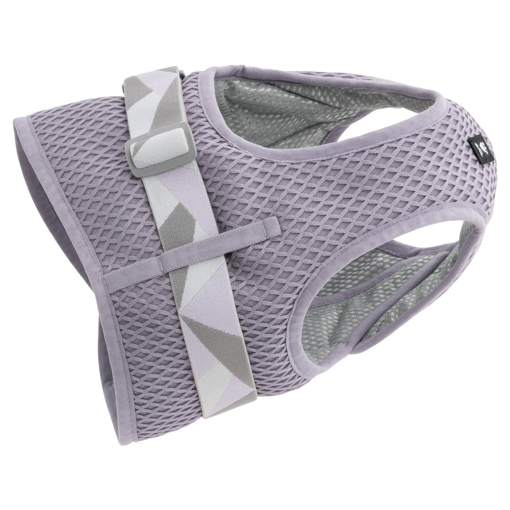 Graue kühlende Hundeweste aus atmungsaktivem Material mit gepolsterter Innenseite und verstellbarer Schnalle.