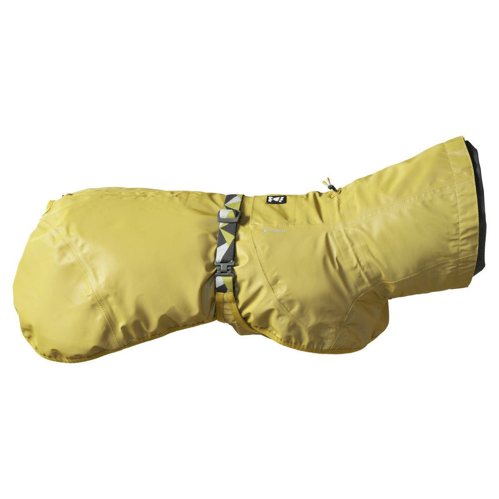 Gelber wasserdichter Hundemantel mit hohem Kragen, gepolstert und mit Brustgurt für Outdoor-Abenteuer.