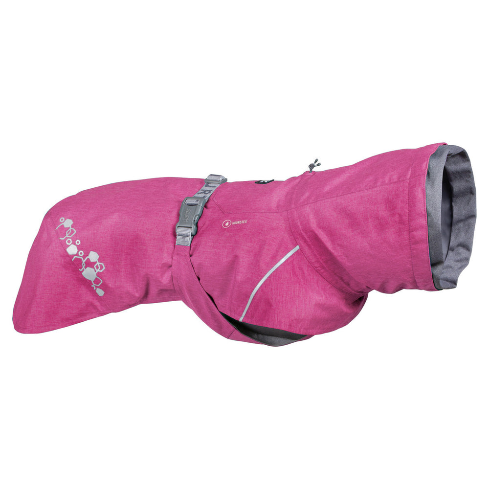 Pinke Hundejacke mit Gürtel und reflektierenden Streifen, Schutz und Wärme, Muster, graue Akzente, Regenmantel Monsoon Coat II ECO.