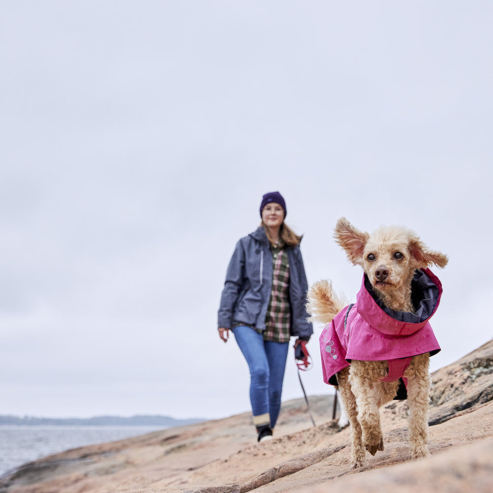 Person im Regenmantel Monsoon Coat II ECO spaziert mit Hund auf felsigem Ufer bei bewölktem Himmel.