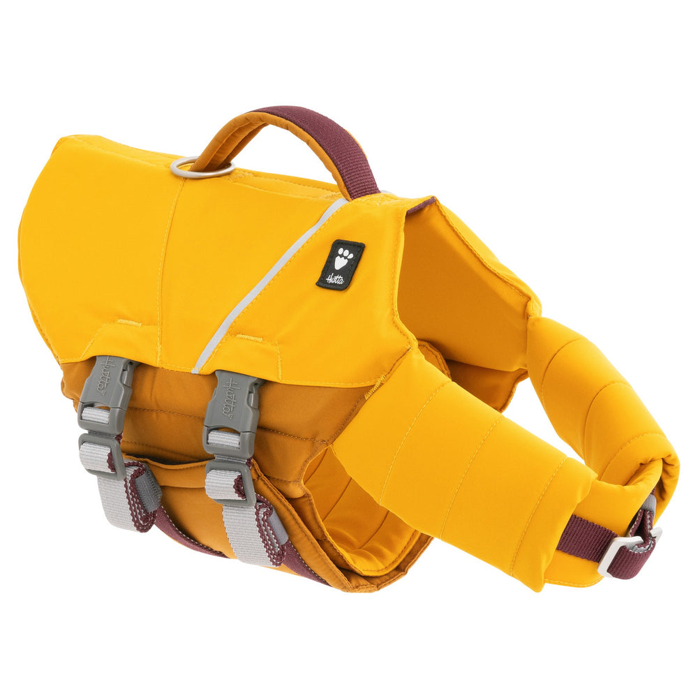 Gelbe Hunde-Schwimmweste Life Savior ECO mit ergonomischem Design, verstellbaren Gurten und sicherem Griff.