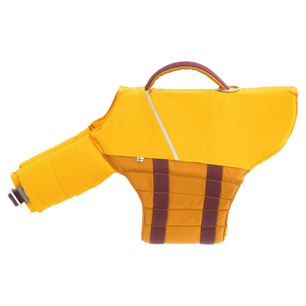 Gelbe Schwimmweste für Hunde mit Handgriff, Schulterpolstern und reflektierender Linie für optimale Sicherheit bei Outdoor-Aktivitäten.