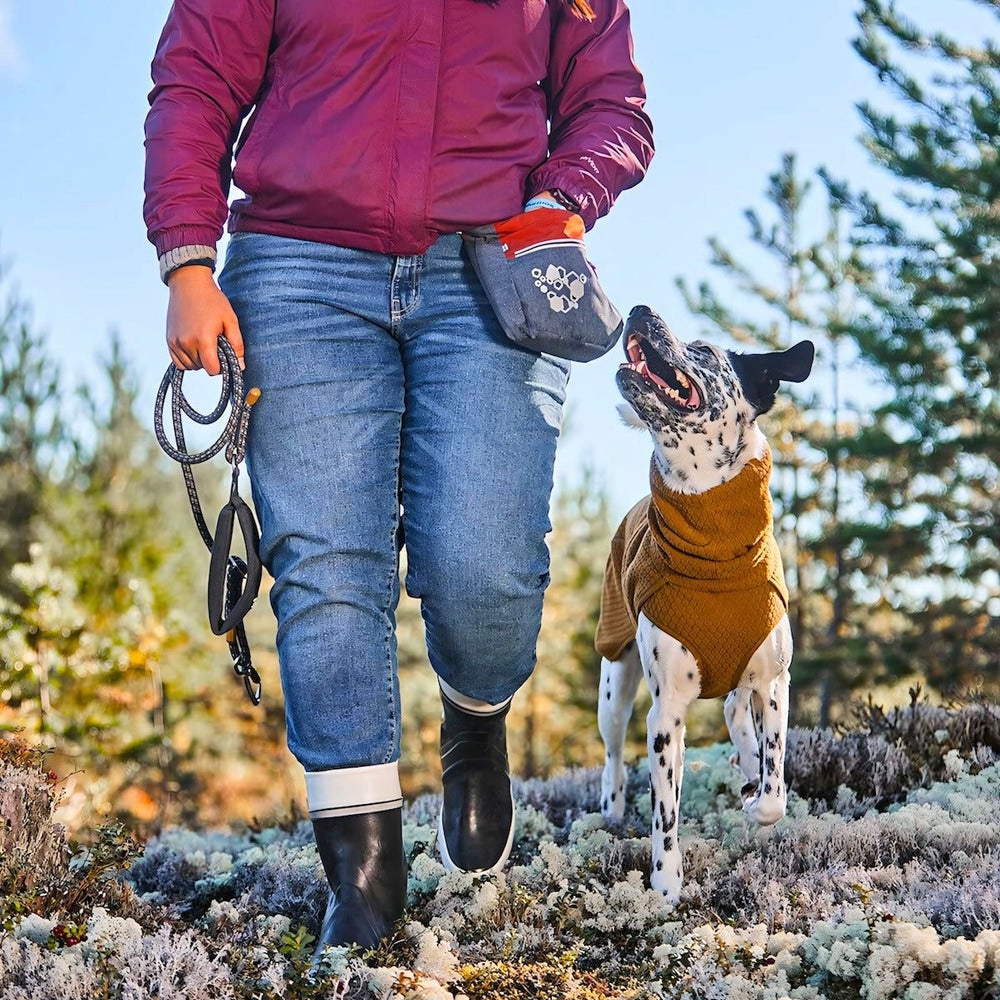 Person mit Hund und Snackbeutel Treat Pocket ECO im Freien, lila Jacke, Hundeleine. Umweltfreundliche Hundetasche für Leckerli.