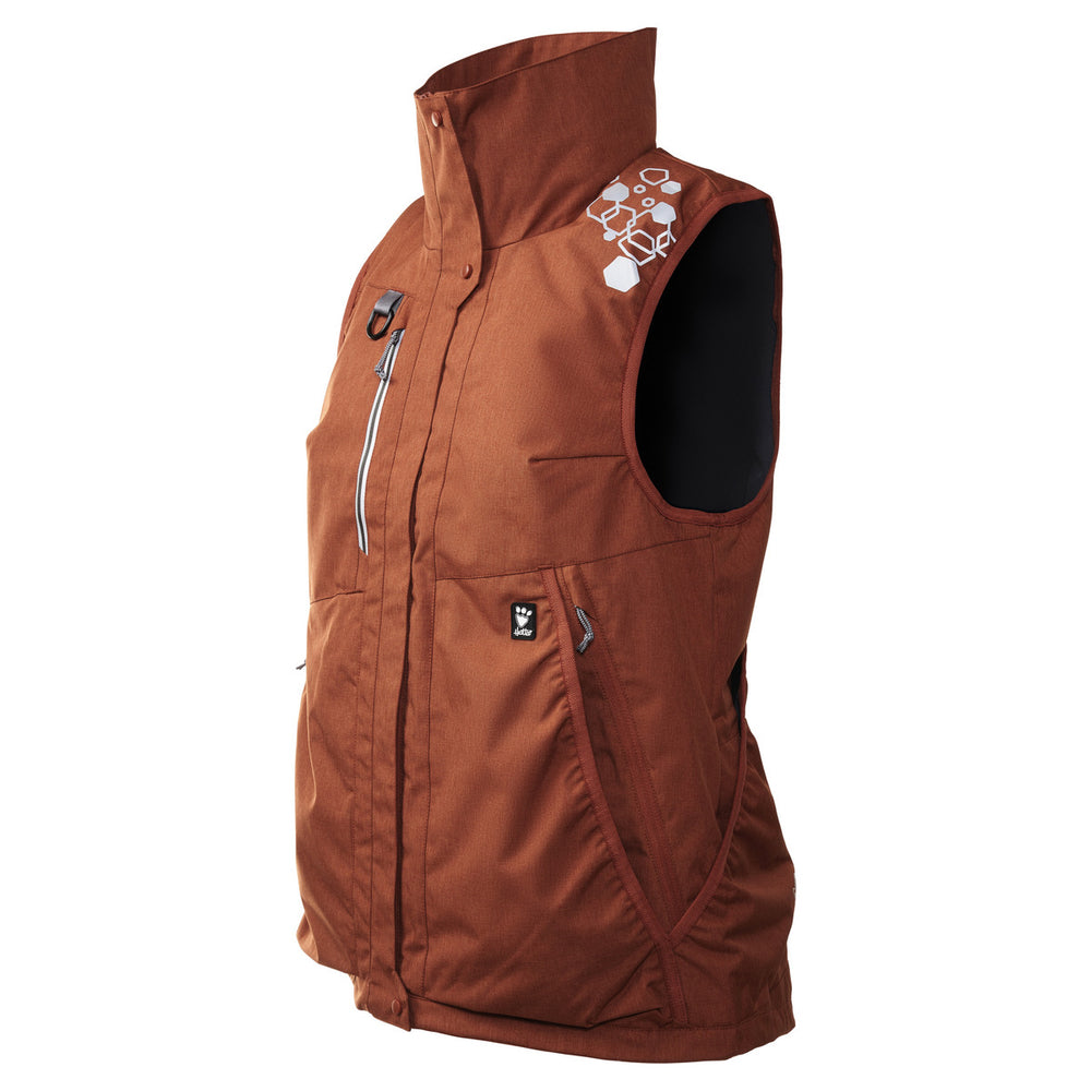 Braune Trainingsweste ECO mit hohem Kragen, Taschen, Reißverschluss auf der Brust und sechseckigem Muster auf der rechten Schulter.