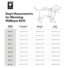 Größentabelle der Hurtta Wärmenden Hundejacke Warming Midlayer ECO, mit Maße für Rückenlänge, Halsumfang und Brustumfang in cm und Zoll.
