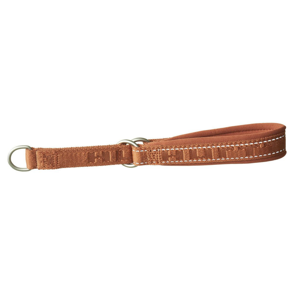 ECO Zug-Stop Hundehalsband braun mit weißen Nähten und Metallringen, nachhaltiges Textilmaterial, halbverstellbarer Griff