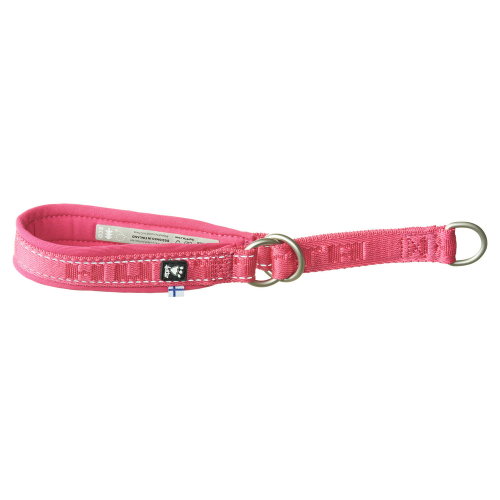Pinkfarbenes Hundehalsband aus robustem Gewebe mit Polsterung, zwei Metall-D-Ringen und Logo-Aufnäher. ECO half choke collar.