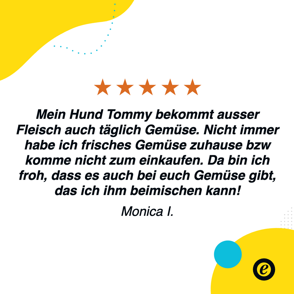 Kundenbewertung von Monica I. über FRED Gemüse-Mix für Hunde mit fünf Sternen und fröhlichem Design.