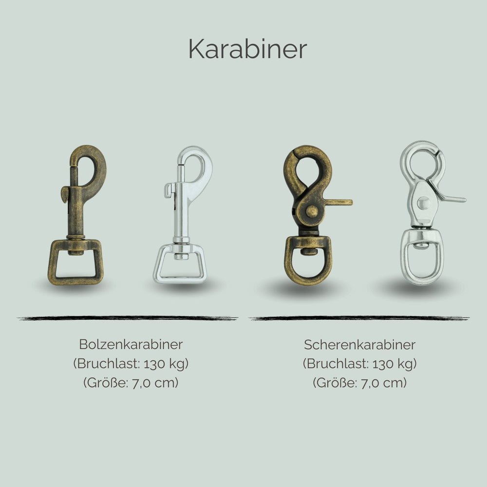 "Verschiedene Karabiner für Wildlederleine: Bolzenkarabiner in Bronze und Scherenkarabiner in Silber."