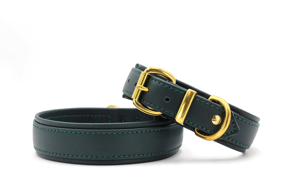 Zwei elegante Lederriemen in tiefem Grünton, einer mit goldener Schnalle, der andere schlicht und schmal.