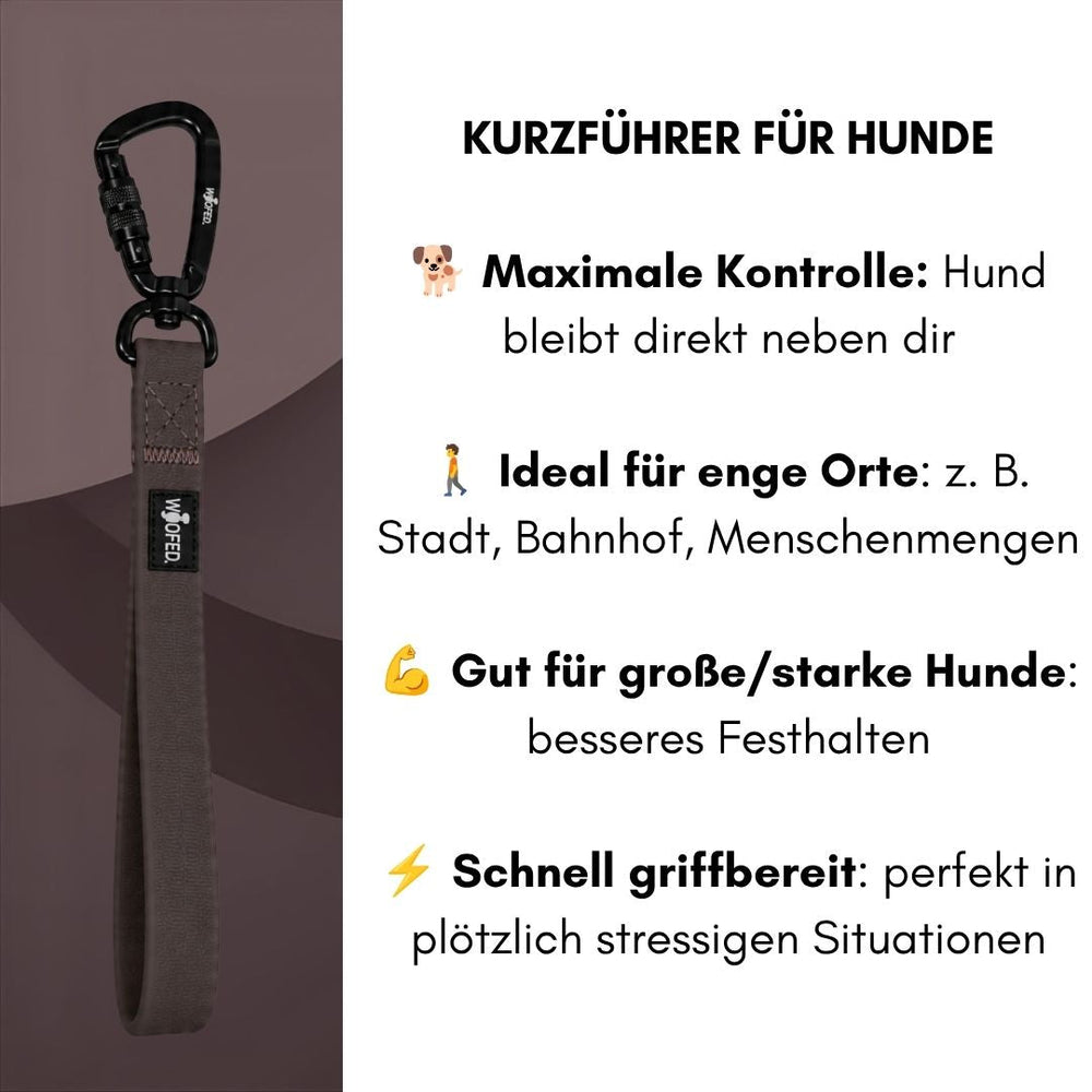 Brauner Hunde-Kurzführer WOOFLEX® mit stabilem Karabiner, ideal für Kontrolle in engen Räumen und starke Hunde.