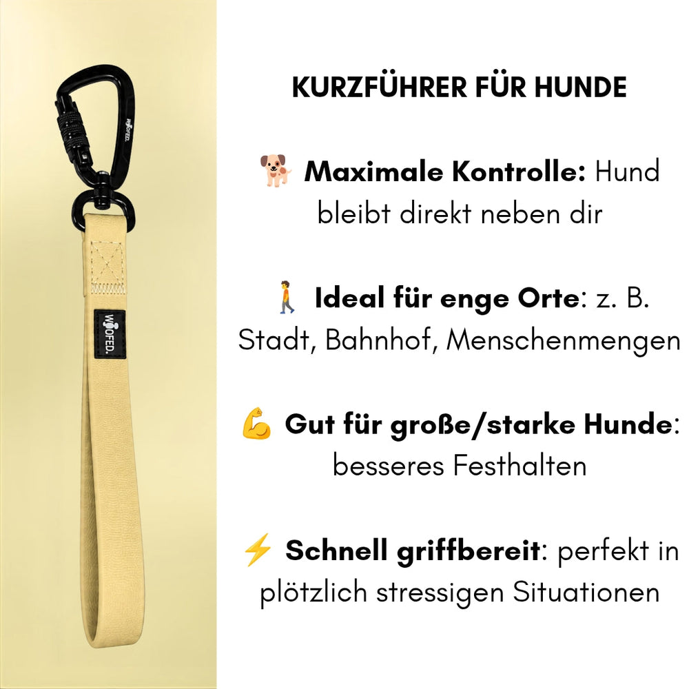 Beiger Kurzführer WOOFLEX® mit Karabiner für maximale Kontrolle, ideal für enge Orte und große, starke Hunde.