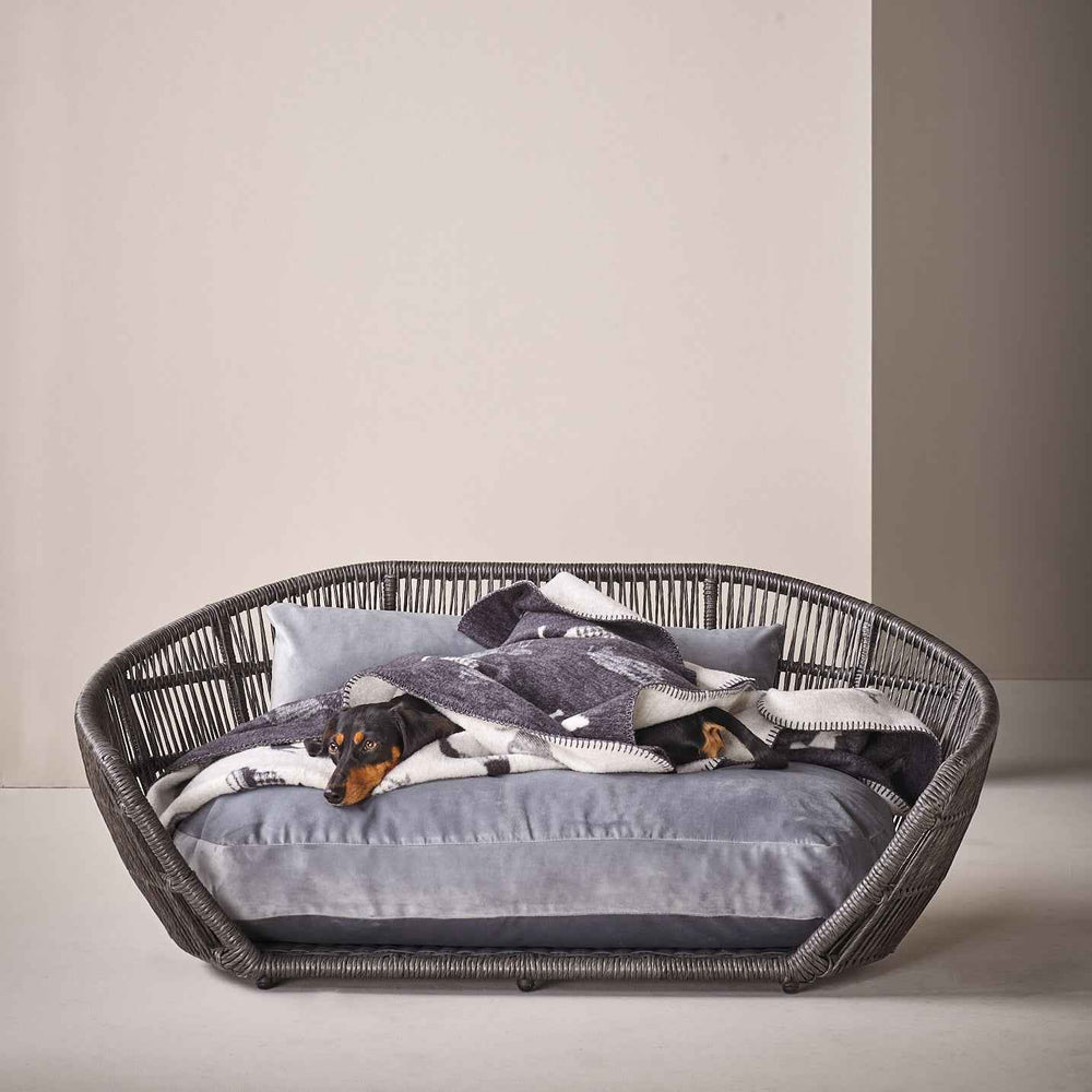 Wendedecke TECKEL mit Dackelmotiv, ideal für Haustierbetten, modernes Design in grauen Farbtönen.