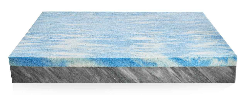 Blau-weiße Schaumstoffmatratze für Hunde im rechteckigen Design mit grauem Unterteil. Ideal für komfortable Ruhezeiten.