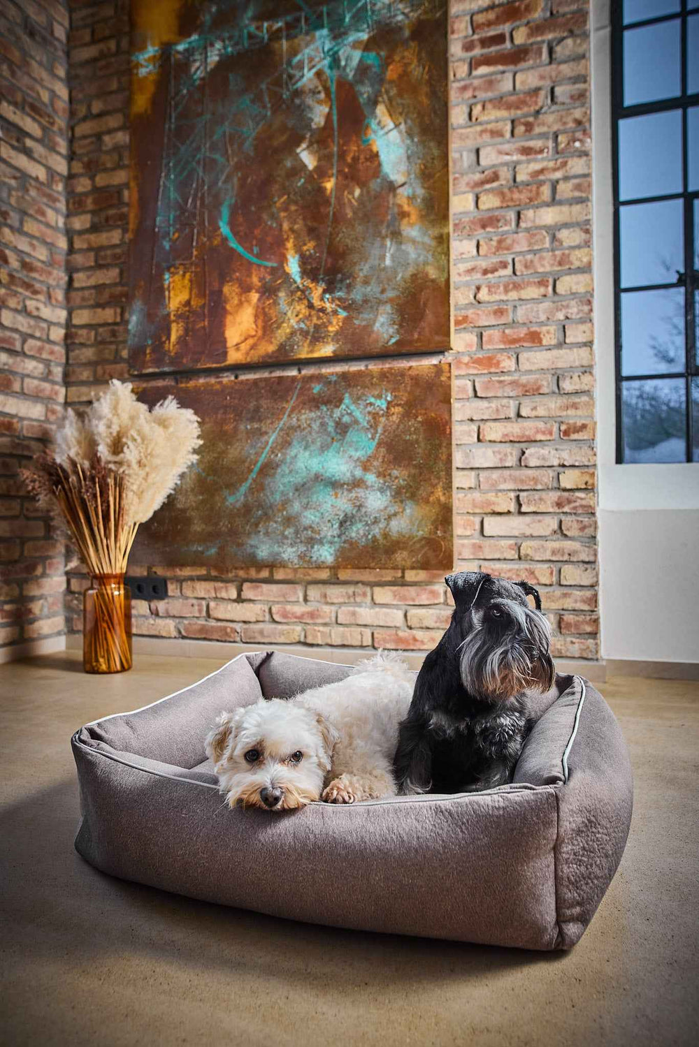 "Zwei Hunde entspannen im CLASSIC Hundebett BUFFALO in einem rustikalen Raum mit Ziegelsteinwand und kunstvollem Hintergrund."
