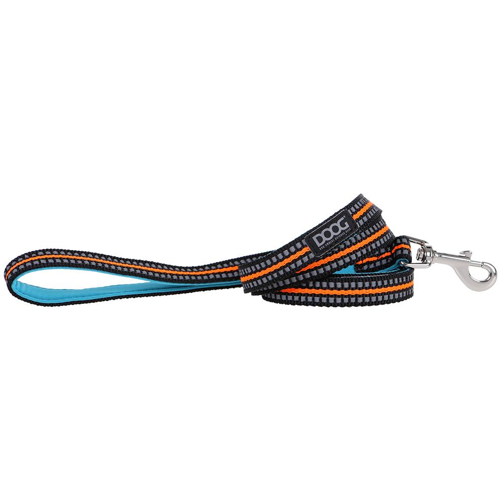 Schwarze Neopren-Hundeleine mit orangefarbenen und blauen Akzenten, komfortablem Griff und stabilem Karabinerhaken.