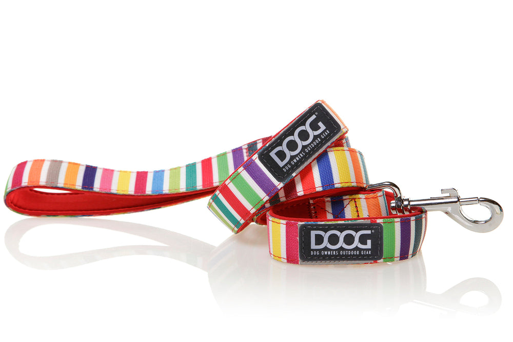 "Bunte DOOG Neopren-Hundeleine mit gestreiftem Design und stabilem Karabinerhaken auf rotem Stoff."