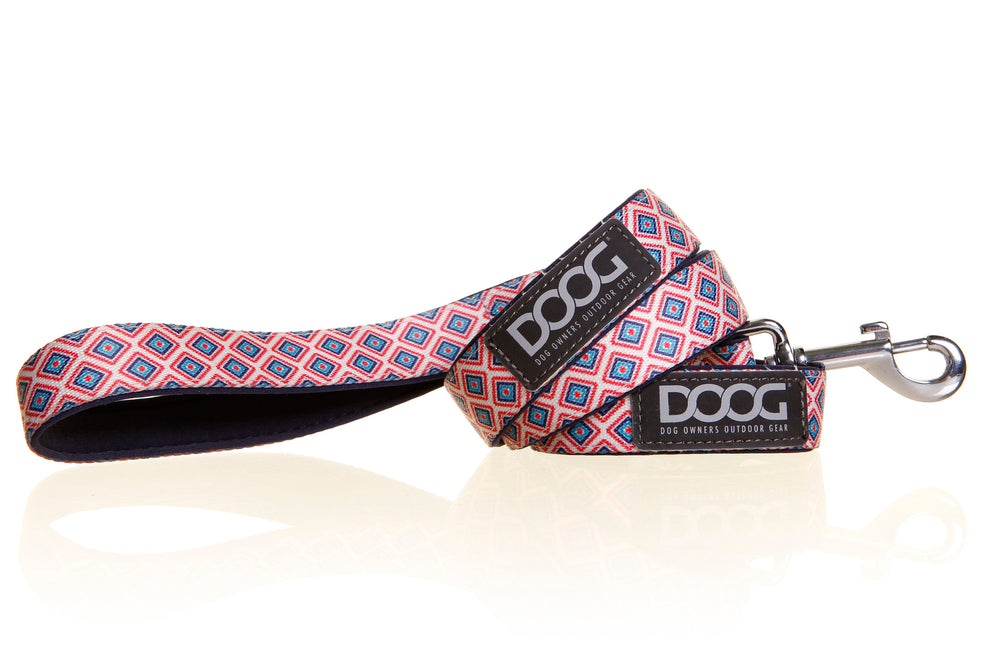 Stylische DOOG Hundeleine aus Neopren mit buntem geometrischen Muster in Pink, Blau und Weiß, stabiler Metallhaken.