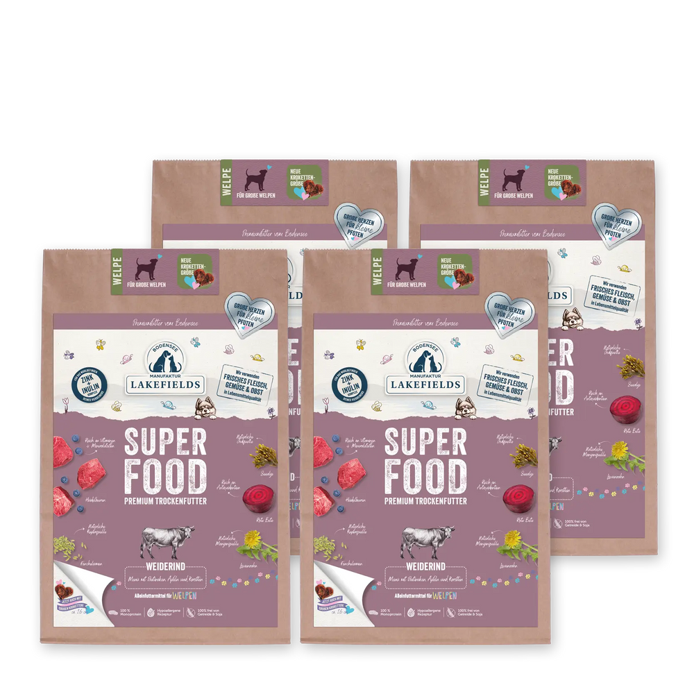 SUPERFOOD Welpen-Trockenfutter Rind – große Kroketten – 4 x 2,5 kg