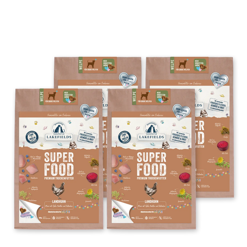 SUPERFOOD Welpen-Trockenfutter Huhn – große Kroketten – 4 x 2,5 kg
