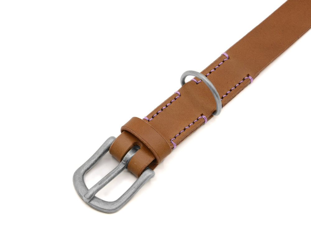 Braunes Lederhalsband "Waldgeist" mit silberner Schnalle und lila Nähten für stilvolle Haustiere.