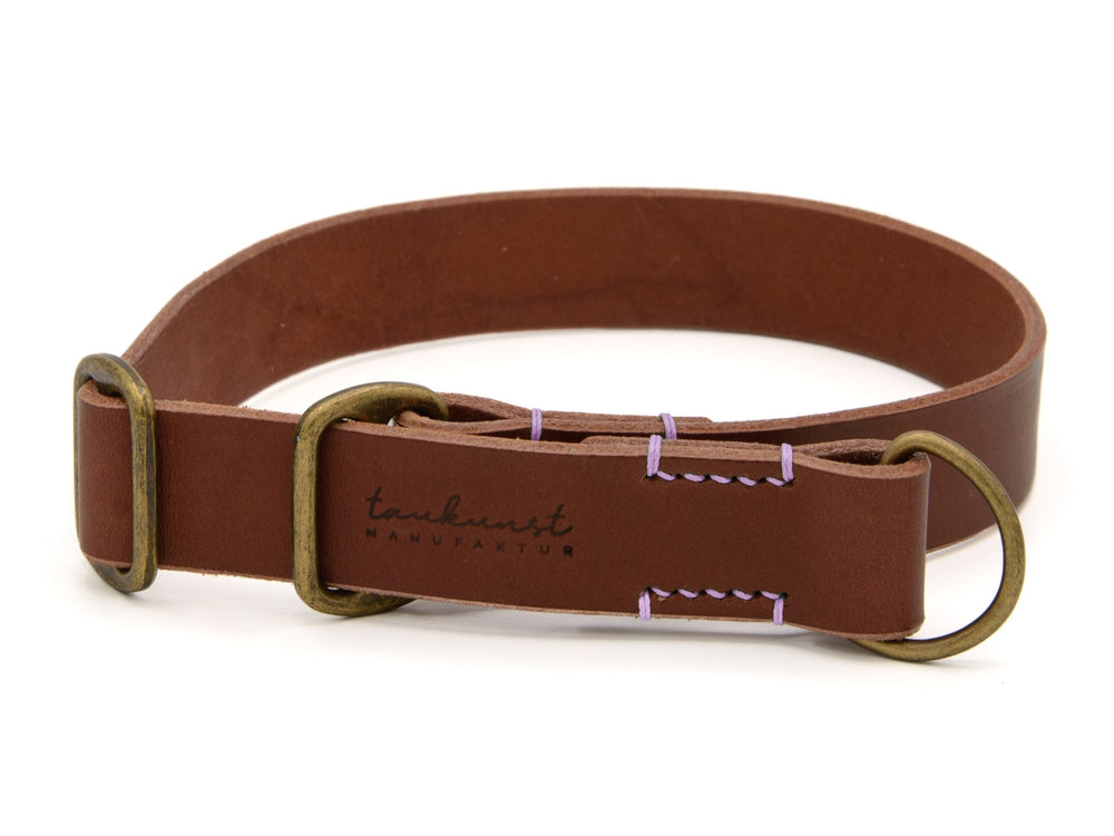 Braunes Lederhalsband für Hunde mit goldener D-Ring und metallischem Verschluss von tankunst MANUFAKTUR.