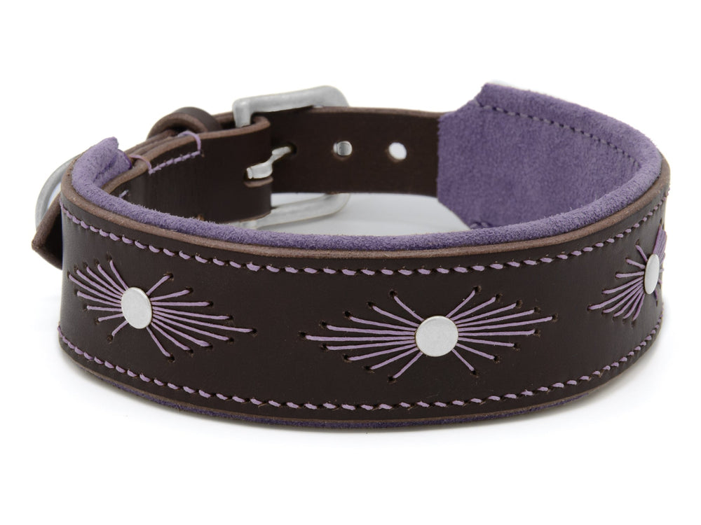 Braunes Lederhalsband WOODSTOCK mit lila Akzenten und gesticktem Muster, gepolstert für optimalen Tragekomfort.