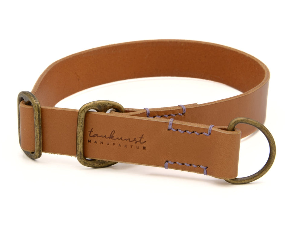 Braunes Lederhalsband "Waldgeist" mit eleganter Metal-Schnalle und lilafarbenen Nähten. Ideal für stilvolle Hunde.