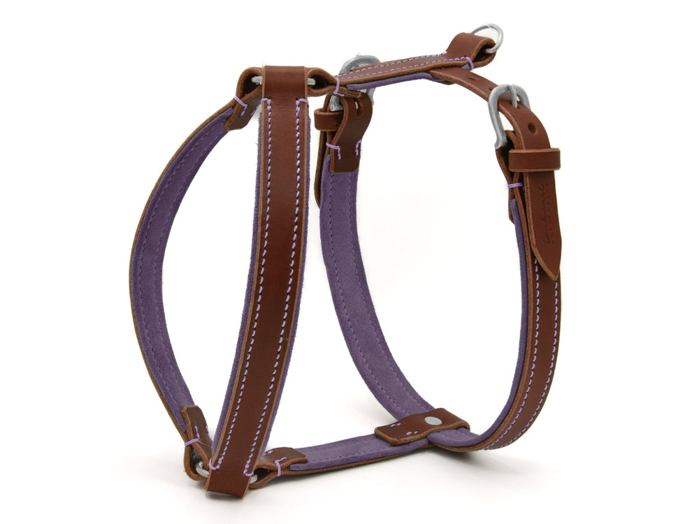 Hundegeschirr WILDFANG aus braunem Leder und lila Textil, mit Metall-Schnallen und -Ringen, für stylishen Komfort.