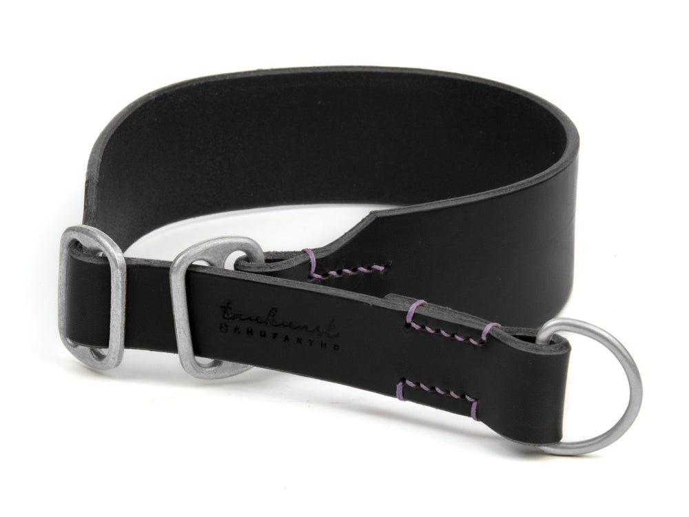 Schwarzes Lederhalsband mit silberner Metallschnalle und D-Ring, ergänzt durch lila Naht und glatte, robuste Oberfläche.