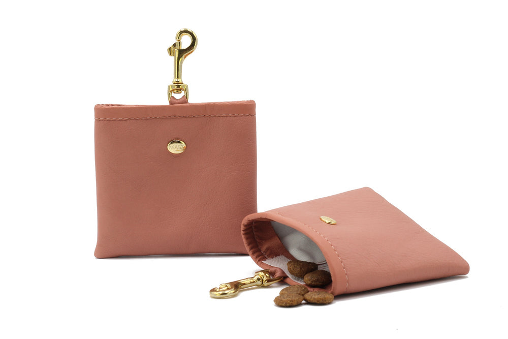 Rosa Lederportemonnaie mit Goldklammerkette, gefüllt mit Haustier-Leckerlis, die herausfallen.