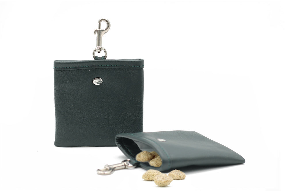 Dunkelgrüne Leder-Leckerli-Tasche mit Karabinerverschluss und Snacks, minimalistisches Design für Hundeaccessoires.