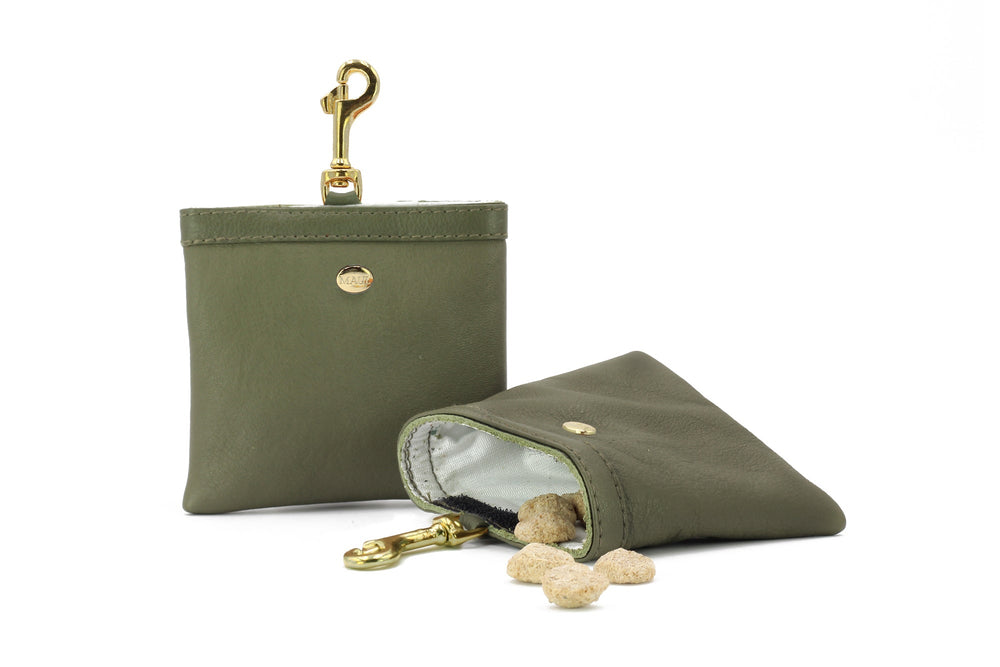 Grüner Leder-Leckerli-Beutel mit goldfarbenem Karabiner und Druckknopf, daneben kleine Hunde-Leckerlis.