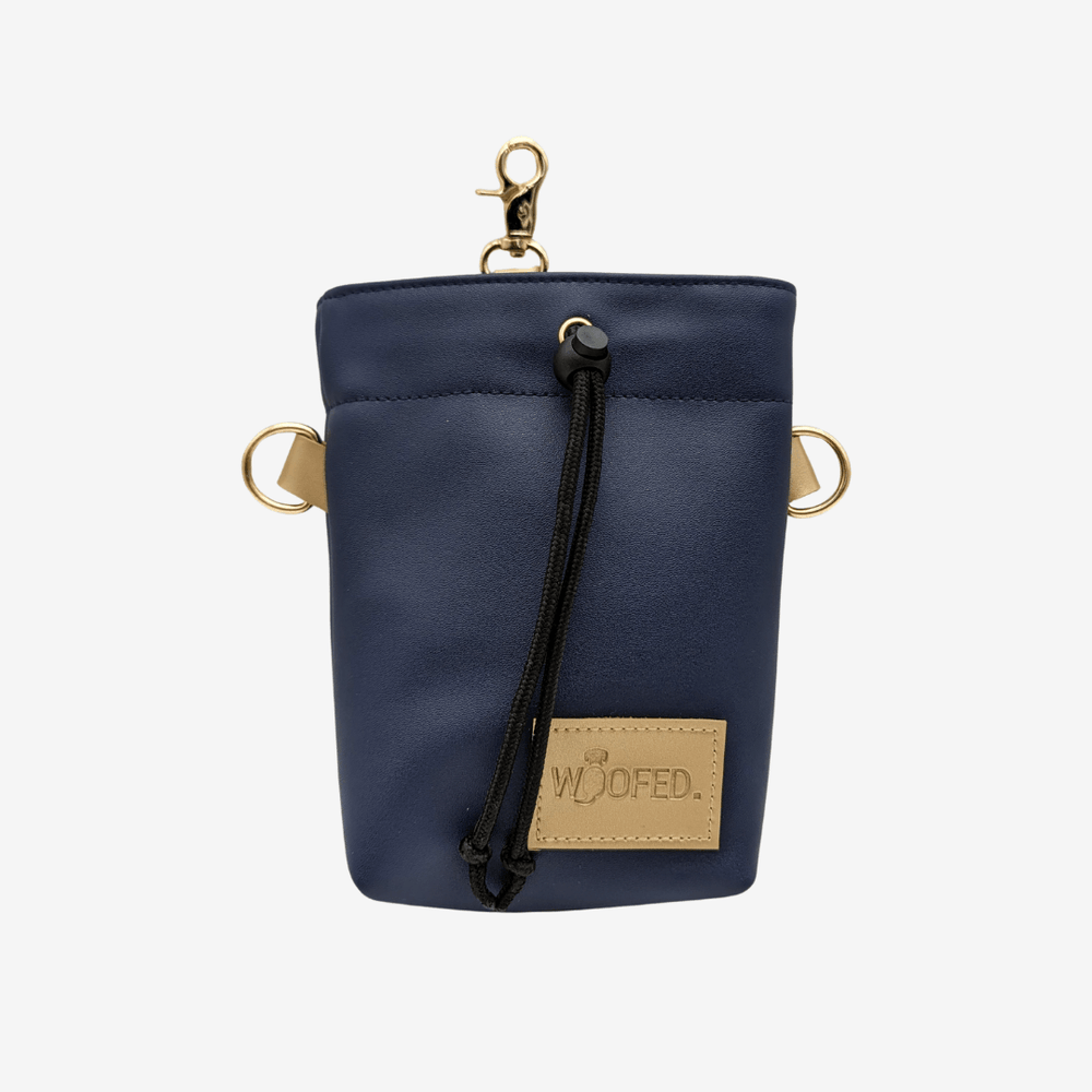 Leckerlibeutel aus veganem Kunstleder in Dunkelblau mit Kordelzug und goldfarbenen Beschlägen für Hundeleckerlis.
