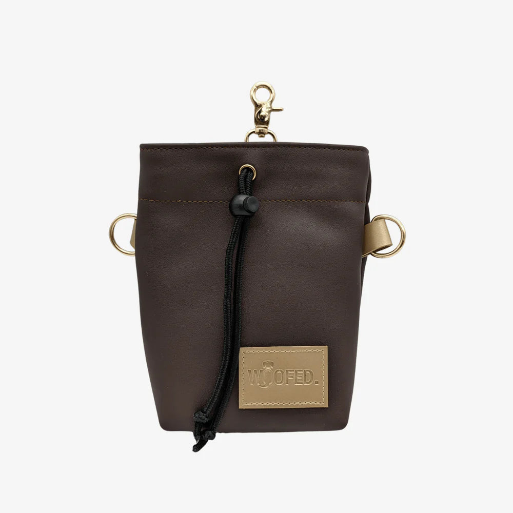 Leckerlibeutel aus braunem Kunstleder mit Kordelzugverschluss und goldenen Beschlägen für Hundeleckerlis und Snacks.