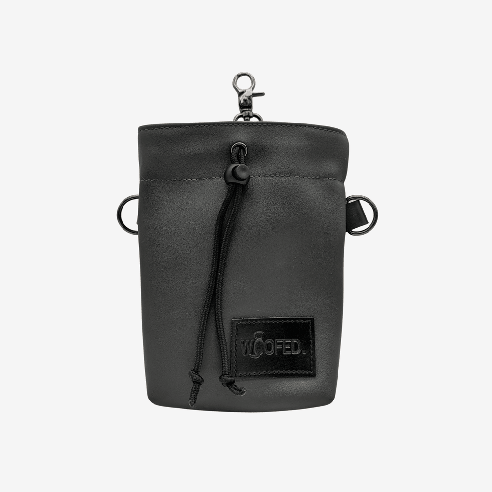 Leckerlibeutel aus veganem Kunstleder in Schwarz mit Kordelzug und Karabinerhaken für Hundesnacks und Utensilien.