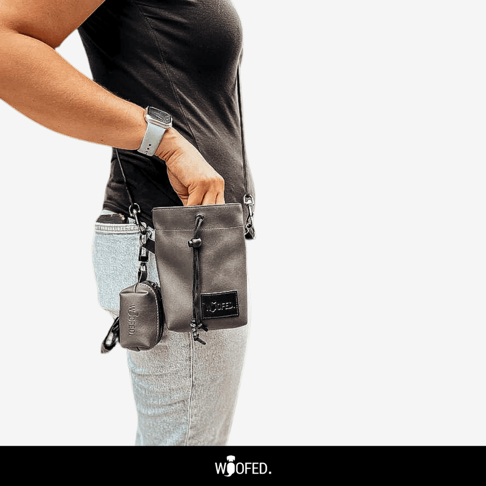 Leckerlibeutel aus veganem Kunstleder, schwarz, mit Kordelzug, ideal für Snacks und Utensilien beim Gassigehen.