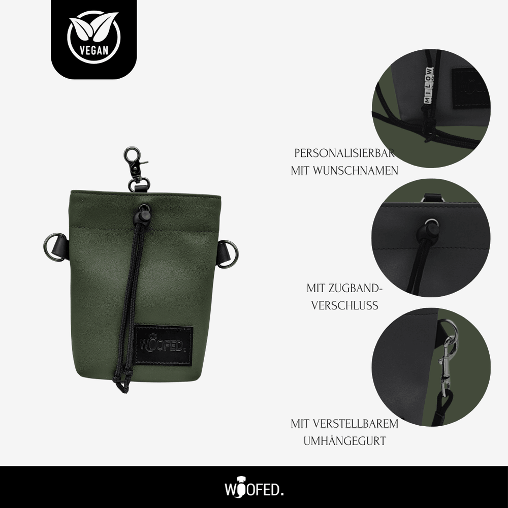 Leckerlibeutel in Olivgrün aus veganem Kunstleder mit Zugbandverschluss und verstellbarem Umhängergurt für Hundebesitzer.