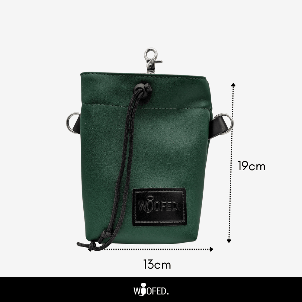 Leckerlibeutel Forest in grün mit Kordelzug und Karabiner für Gassirunden und Training, personalisierbar und kompakt.