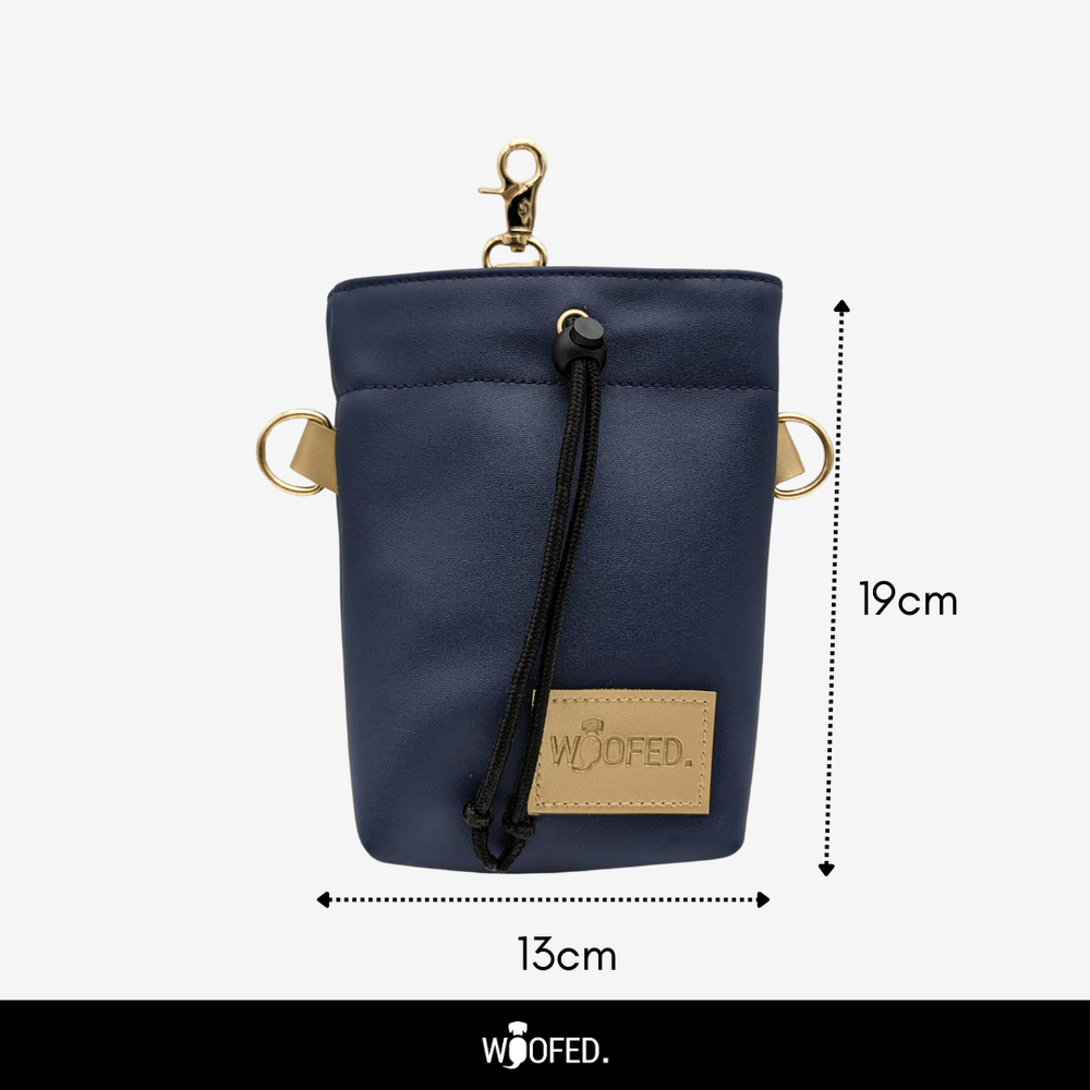 Blauer Leckerlibeutel aus mattem Material mit goldfarbenen Beschlägen, Höhe 19 cm, Breite 13 cm, mit Kordelverschluss.