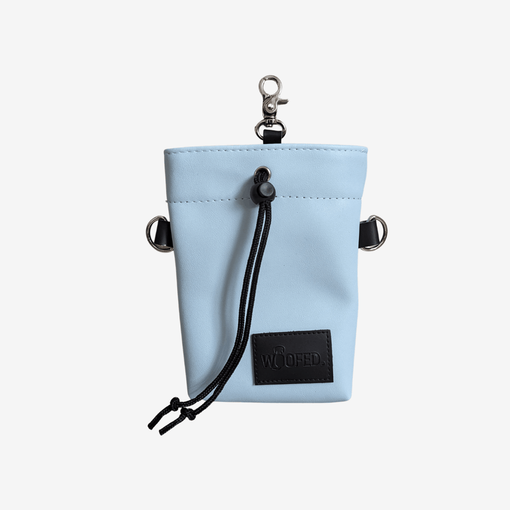 Leckerlibeutel in hellblau aus wasserabweisendem Kunstleder mit Karabiner und Zugband für Hundeleckerlis.