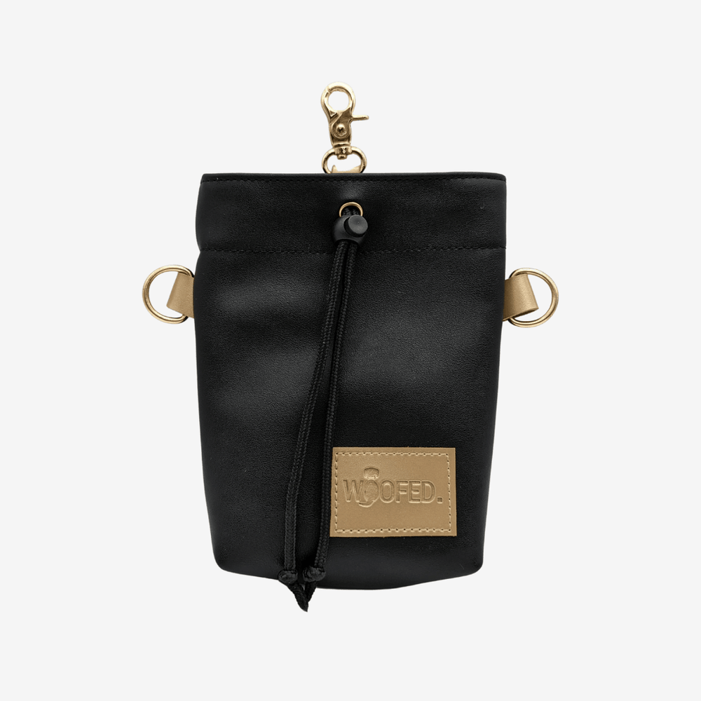 Leckerlibeutel aus veganem Kunstleder in Schwarz mit Kordelzugverschluss und goldfarbenen Metallbeschlägen für Hundeleckerlis