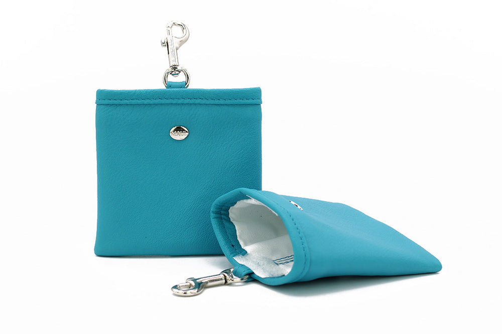 Türkisfarbene Leder-Geldbörse mit Reißverschluss und Karabinerhaken, ideal für Schlüssel oder Tasche.