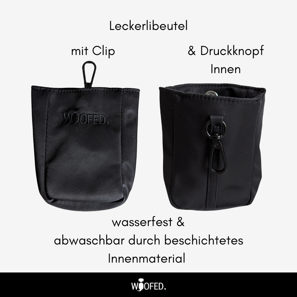 Leckerlibeutel von WOOFED in vielen Farben, kompakt, wasserfest und mit Clip für Gassirunden und Reisen.