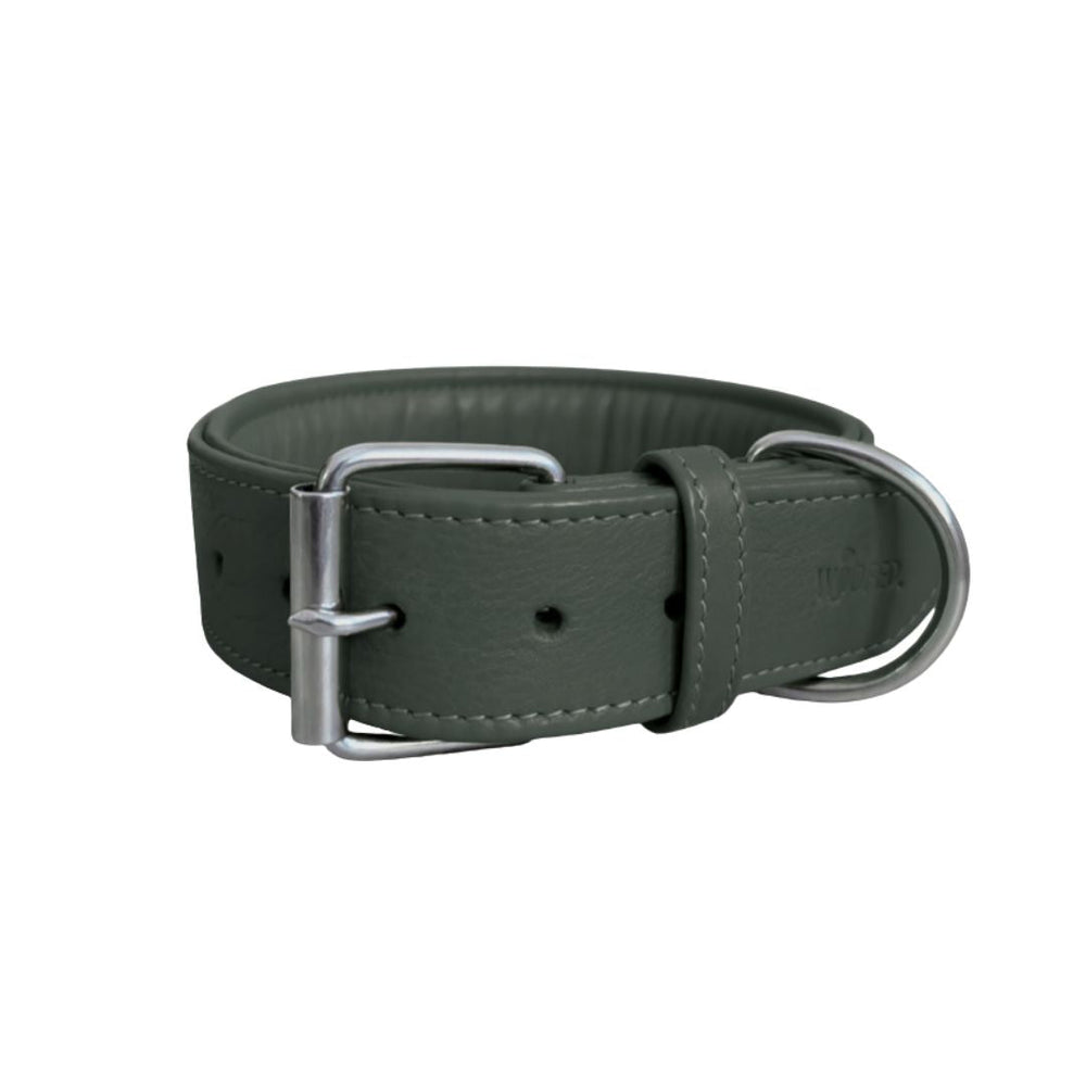 "Grünes Lederhalsband Classic Soft mit silberner Metallschnalle und D-Ring für Hundeleinen oder Anhänger."