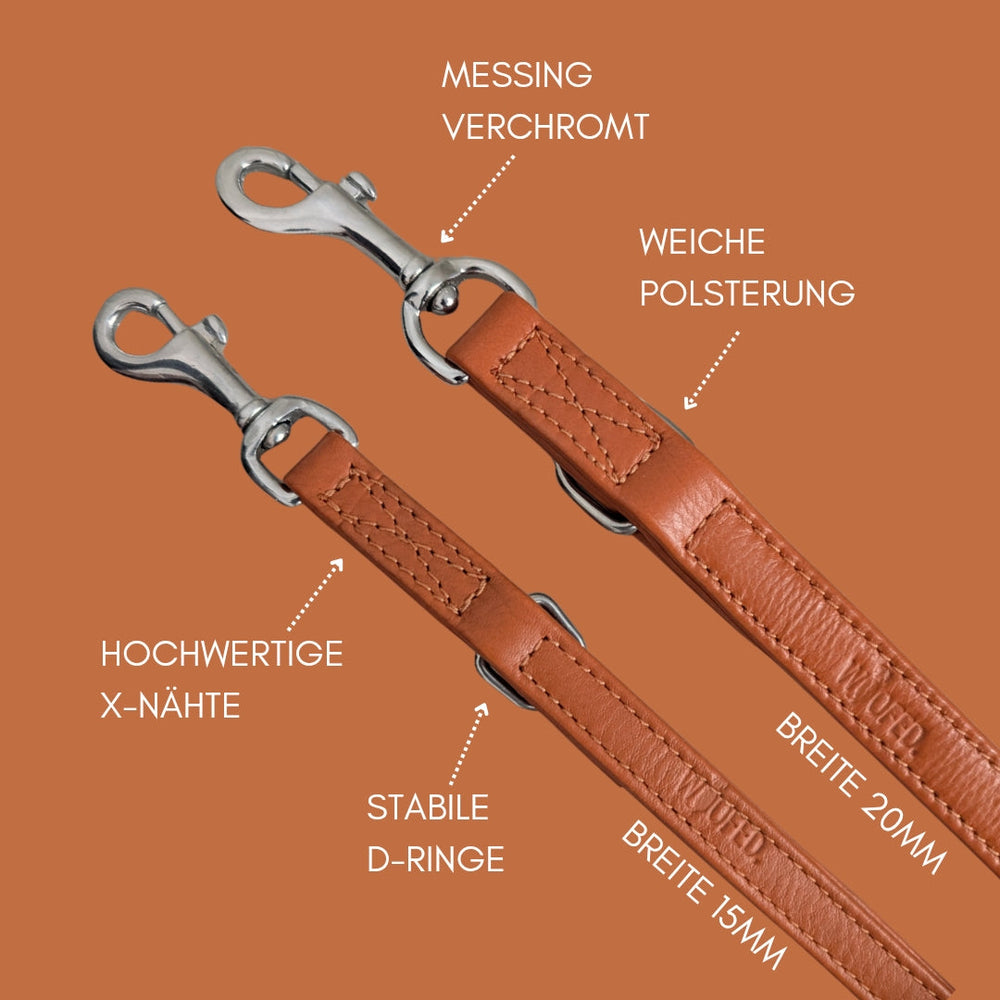 "Hunde-Führleine Classic Soft aus strapazierfähigem Material mit weicher Polsterung und stabilen D-Ringen."