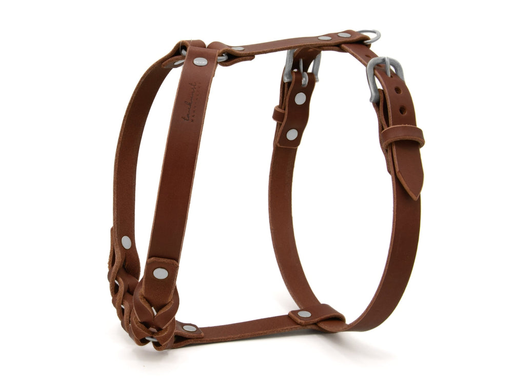 Braunes Hundegeschirr aus Leder mit verstellbaren Riemen, Metallschnallen und sorgfältig verarbeiteten Nähten.