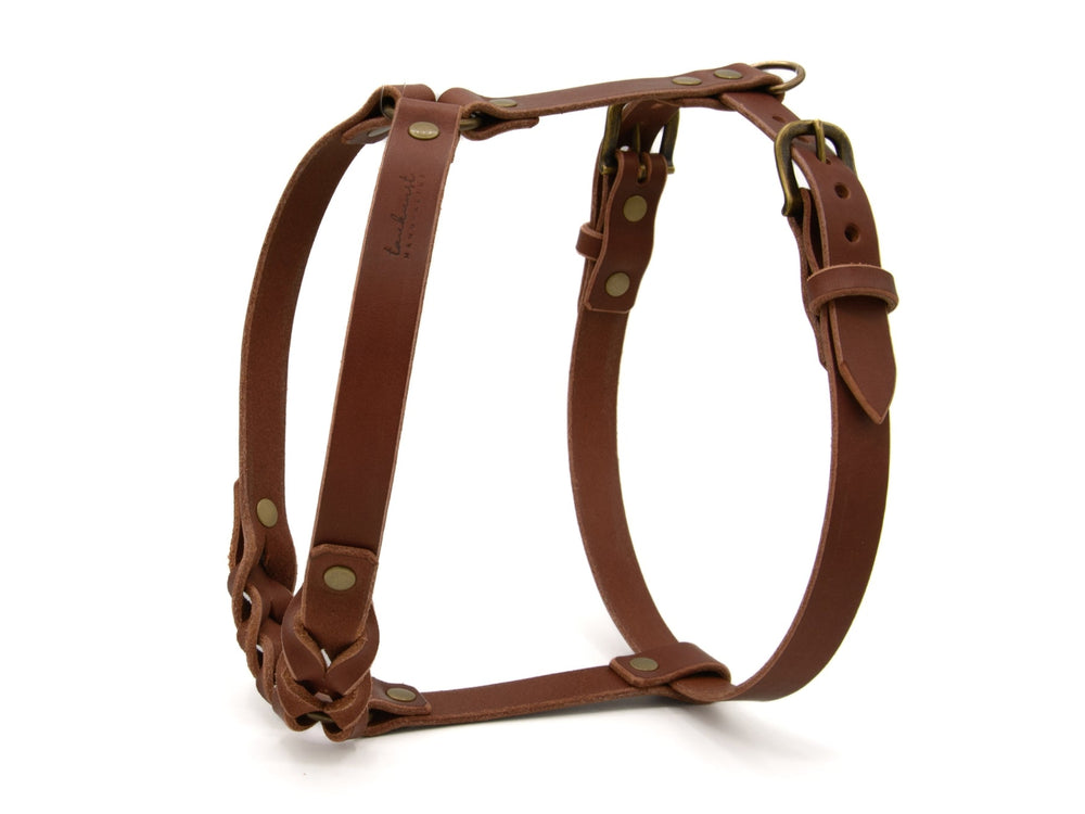 Braunes Ledergeschirr WALDSTREUNER für Hunde, robust und ergonomisch mit Metallbeschlägen für optimalen Komfort.