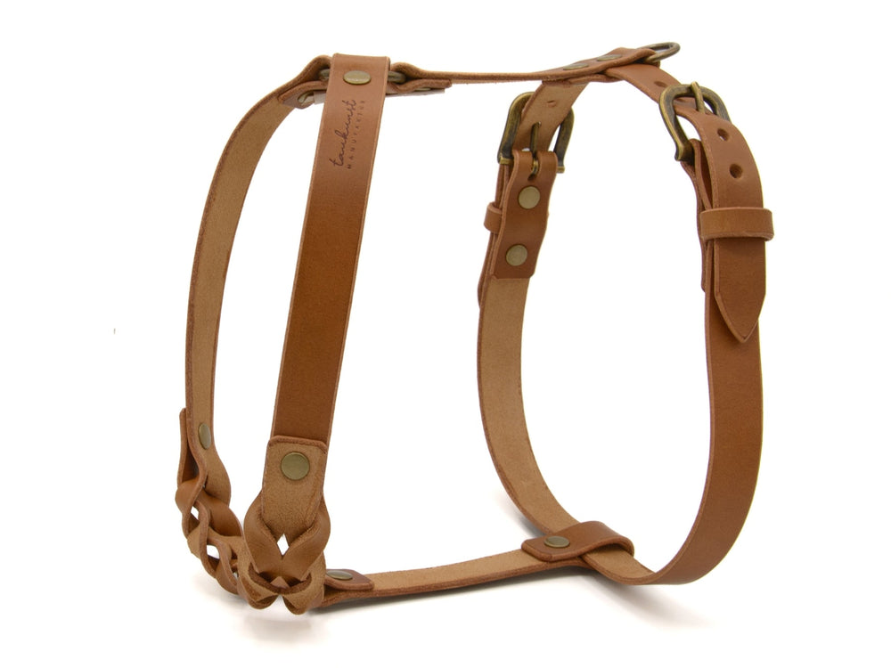 Braunes Ledergeschirr WALDSTREUNER für Hunde, elegant und verstellbar, mit glatten Oberflächen und schnörkellosem Design.